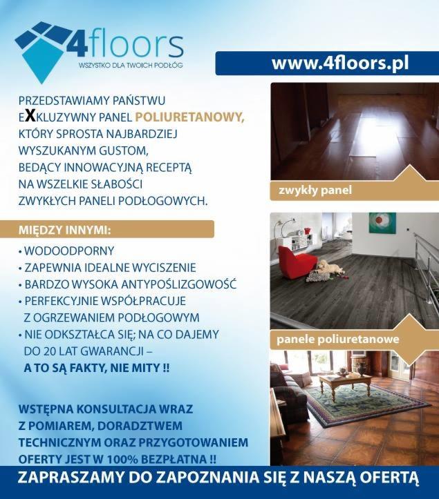 Reklama firmy 4floors prezentująca panele podłogowe. Po lewej stronie tekst z opisem zalet paneli poliuretanowych. Po prawej dwa zdjęcia aranżacji wnętrz z panelami: salon z ciemnymi panelami...