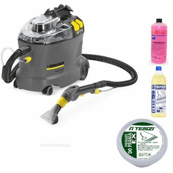 Profesjonalny odkurzacz piorący Kärcher wraz z dedykowanymi środkami czyszczącymi: różowy płyn Cartec, żółty płyn Tenzi Textil-EX oraz proszek Tenzi EX w szarym opakowaniu.