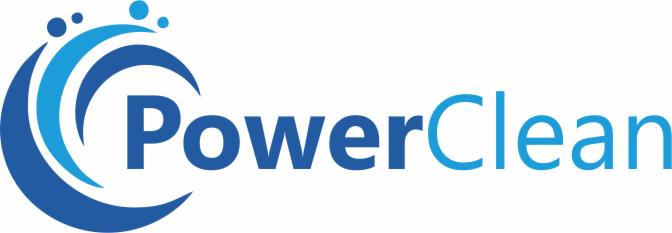 Logo firmy PowerClean z motywem fal i kropli w odcieniach niebieskiego.