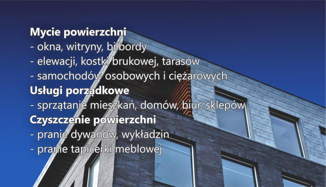Grafika reklamowa przedstawiająca listę usług: mycie powierzchni (okna, elewacje), usługi porządkowe (sprzątanie mieszkań, biur), czyszczenie powierzchni (pranie dywanów, tapicerki meblowej) na tle...