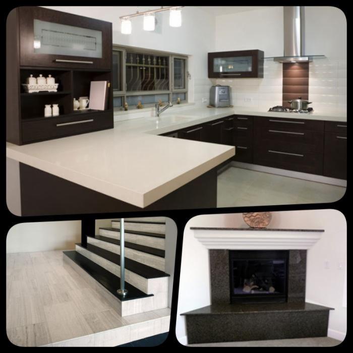 Kolaż przedstawiający fragment nowoczesnej kuchni z brązowymi szafkami i jasnym blatem, schody z jasnymi stopniami i czarnymi podstopnicami oraz kominek z ciemnego kamienia z białym gzymsem.