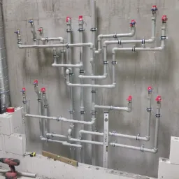 Instalacja rur PP z zaworami, widoczne piony i poziomy, mocowane obejmami do surowej ściany. Na pierwszym planie poziomica, w tle narzędzia i materiały budowlane.