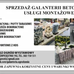Oferta sprzedaży galanterii betonowej i usług montażowych, prezentująca kostkę dekoracyjną, palisady, obrzeża, elementy ogrodzeniowe, przęsła panelowe oraz ozdobny kamień dekoracyjny w aranżacjach...