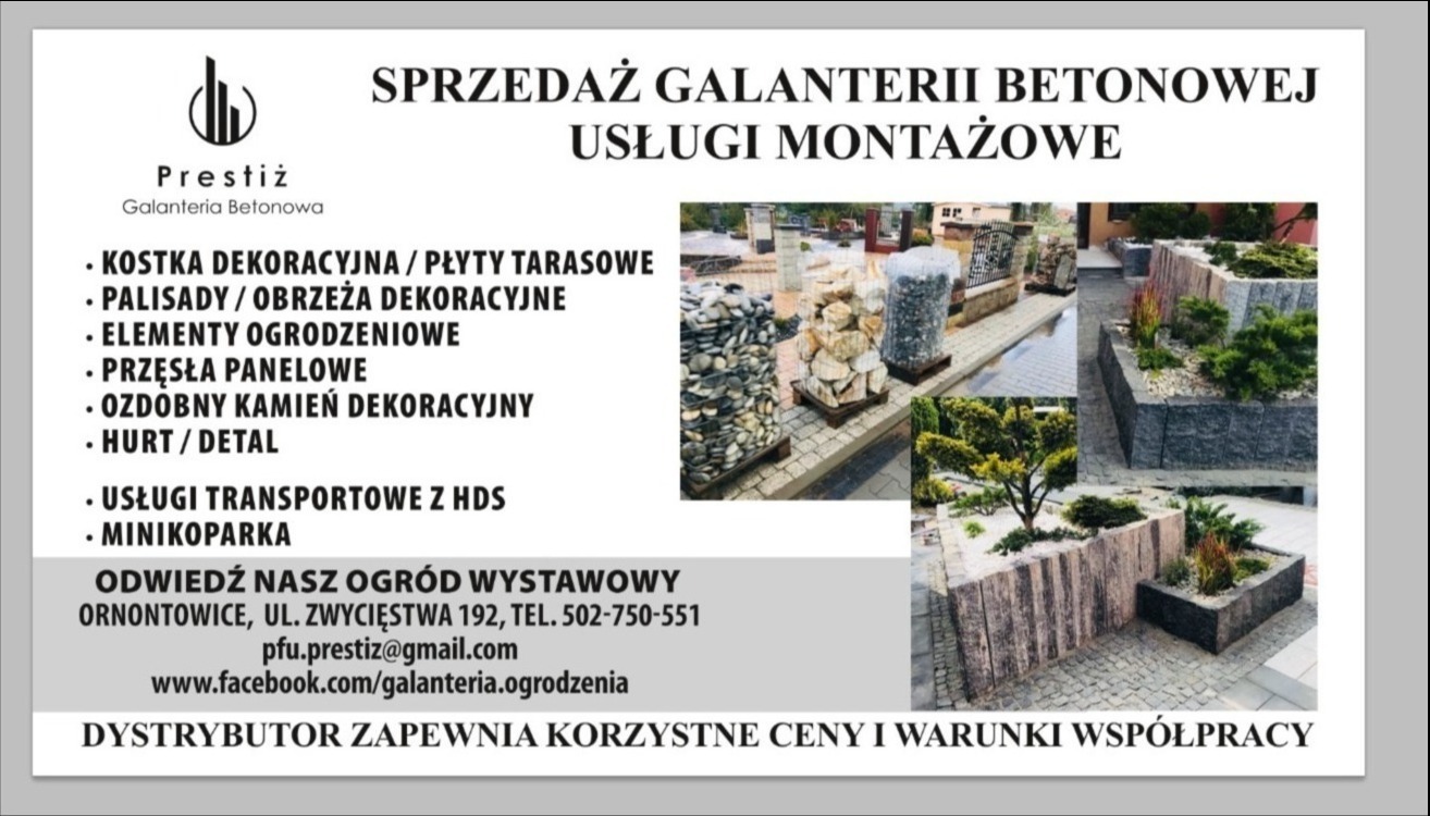 Oferta sprzedaży galanterii betonowej i usług montażowych, prezentująca kostkę dekoracyjną, palisady, obrzeża, elementy ogrodzeniowe, przęsła panelowe oraz ozdobny kamień dekoracyjny w aranżacjach...