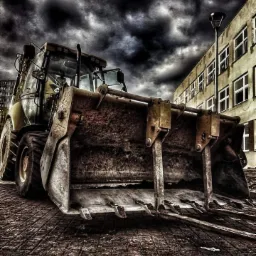 Żółta koparko-ładowarka z szeroką łyżką na brukowanym placu, na tle budynku z wieloma oknami i dramatycznego, ciemnego nieba.