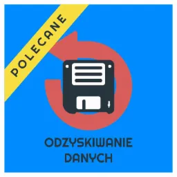 Grafika wektorowa przedstawiająca dyskietkę z symbolem strzałki w dół, otoczoną czerwoną strzałką zwrotną, na niebieskim tle z żółtym paskiem z napisem 'POLECANE' i tekstem 'ODZYSKIWANIE DANYCH'...