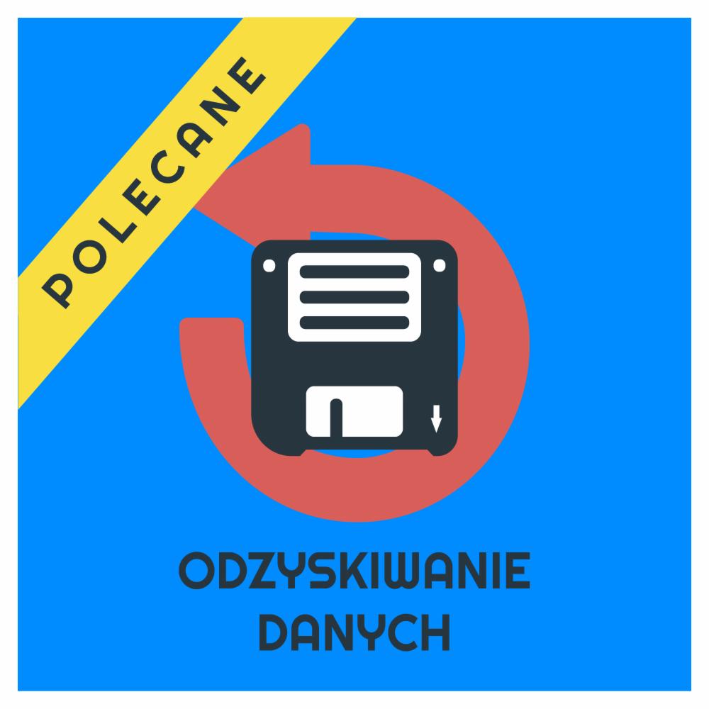 Grafika wektorowa przedstawiająca dyskietkę z symbolem strzałki w dół, otoczoną czerwoną strzałką zwrotną, na niebieskim tle z żółtym paskiem z napisem 'POLECANE' i tekstem 'ODZYSKIWANIE DANYCH'...