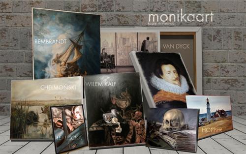 Zestaw reprodukcji obrazów znanych malarzy: Rembrandt, Van Dyck, Chełmoński, Willem Kalf, Hopper, oraz obraz nieznanego autora, prezentowanych na tle ceglanej ściany i logo 'monikaart'.