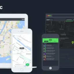 Dwa ekrany prezentujące aplikacje do śledzenia pojazdów na mapach: po lewej tablet i smartfon z mapą okolic Nowego Jorku, po prawej laptop i smartfon z trasą w Londynie.