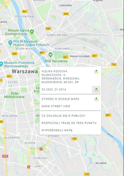 Mapa Warszawy z zaznaczoną lokalizacją Alei Kożucha, widok z aplikacji mapowej z opcjami otwarcia w Google Maps i wyświetlenia Street View.