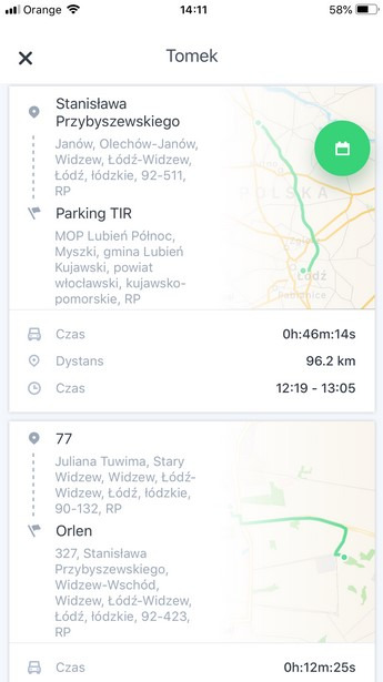 Zrzut ekranu aplikacji mobilnej z mapą trasy pojazdu, prezentujący adresy początkowe i końcowe, czas przejazdu oraz dystans, z naniesioną trasą na mapie Polski w tle.