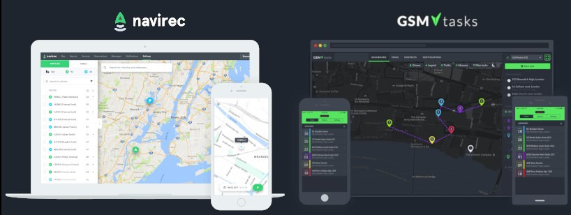 Dwa ekrany prezentujące aplikacje do śledzenia pojazdów na mapach: po lewej tablet i smartfon z mapą okolic Nowego Jorku, po prawej laptop i smartfon z trasą w Londynie.