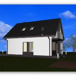 Wizualizacja 3D domu jednorodzinnego z czarnym dachem, białymi ścianami i ceglaną podmurówką, balkon z metalową balustradą, widoczne okna dachowe i oświetlenie zewnętrzne, na tle błękitnego nieba.