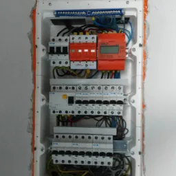 Rozdzielnica elektryczna w ścianie, widoczne zabezpieczenia przepięciowe Luno, wyłączniki Eaton, okablowanie w kolorach, pomarańczowe uszczelnienie wokół obudowy.