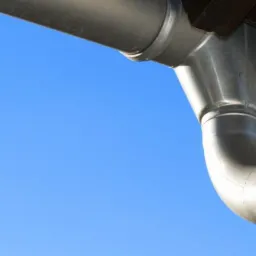 Szary, metalowy system odprowadzania wody deszczowej, łączący pionową i poziomą rynnę, na tle błękitnego nieba.