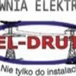Logo hurtowni elektrycznej EL-DRUT z niebieskim obrysem elipsy i stylizowaną wieżą wysokiego napięcia w tle.
