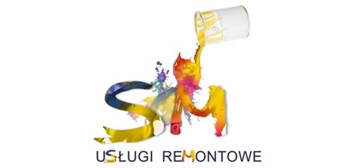 Ilustracja logo firmy remontowej z wylewającą się farbą z puszki na stylizowane litery SM, w kolorach żółci, pomarańczy i fioletu, z napisem 'Usługi Remontowe' poniżej.