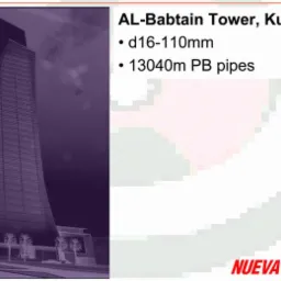 Al-Babtain Tower w Kuwejcie, wizualizacja z informacją o wykorzystaniu 13040m rur PB o średnicy 16-110mm, logo Nueva Terrain w prawym dolnym rogu.