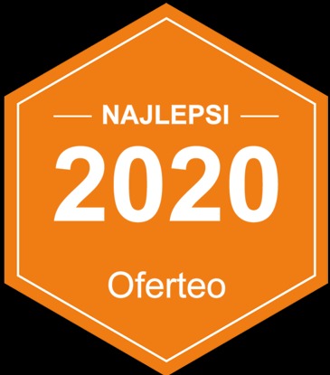 Pomarańczowa odznaka Oferteo 'Najlepsi 2020' na czarnym tle.