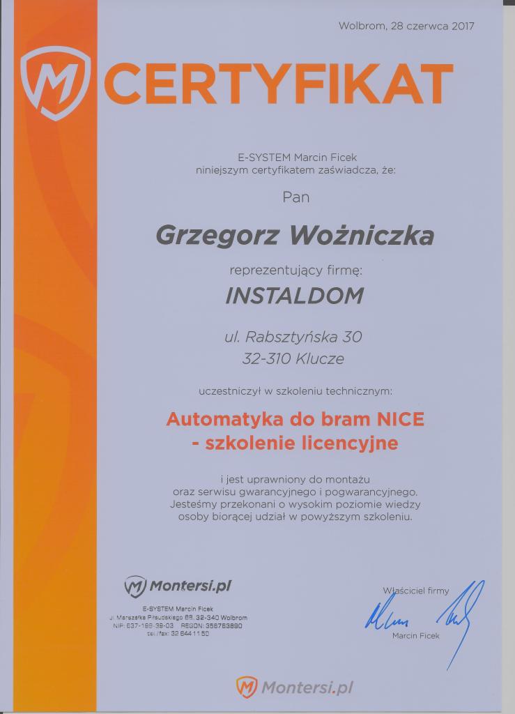 Certyfikat firmy INSTALDOM potwierdzający ukończenie szkolenia licencyjnego z zakresu automatyki do bram NICE, wystawiony przez E-SYSTEM Marcin Ficek dla Grzegorza Woźniczki.
