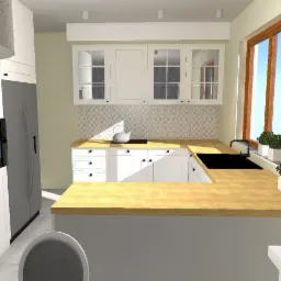 Wizualizacja jasnej kuchni z drewnianym blatem, białymi szafkami i płytkami w marokański wzór nad blatem. Na parapecie okna widoczne doniczki z zielonymi roślinami.