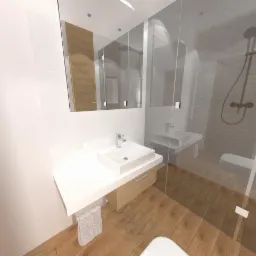 Wizualizacja nowoczesnej łazienki z drewnianą podłogą, białą umywalką nablatową z szufladą, kabiną prysznicową typu walk-in z deszczownicą i toaletą w tle, widok z perspektywy użytkownika.