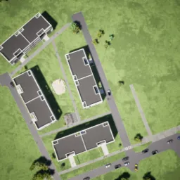 Wizualizacja z lotu ptaka przedstawiająca osiedle domów wielorodzinnych z placem zabaw, parkingami i zielenią.