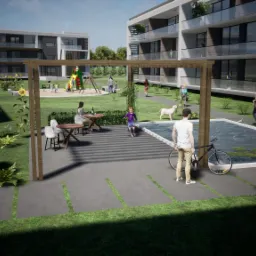 Wizualizacja zagospodarowania terenu osiedla mieszkaniowego z placem zabaw, pergolą nad miejscem do siedzenia, oczkiem wodnym z liliami, ścieżkami i zielenią.