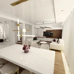 Jasne, przestronne wnętrze z marmurowym stołem jadalnym, nowoczesnym oświetleniem wiszącym i widokiem na salon z białymi sofami i ścianą telewizyjną z drewnianymi akcentami.