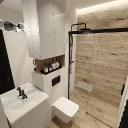 Wizualizacja nowoczesnej łazienki z kabiną prysznicową typu walk-in, umywalką nablatową i białymi szafkami, akcentowana czarnymi elementami, takimi jak grzejnik i armatura.