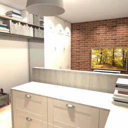 IZA ROJSZA - Wizualizacja pokoju z ceglaną ścianą, białymi meblami, półkami z książkami i dekoracjami, oraz telewizorem z obrazem jesiennego krajobrazu.