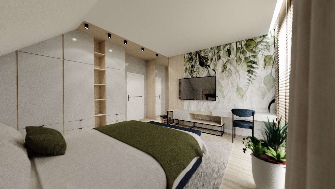 Wizualizacja sypialni na poddaszu w Suwałkach. Jasne, minimalistyczne wnętrze z zabudową szaf, tapetą w motywy roślinne, telewizorem i biurkiem z krzesłem.