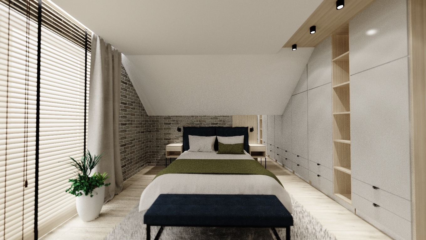 Wizualizacja sypialni na poddaszu z łóżkiem, ceglaną ścianą, zabudową szaf i roletami okiennymi.