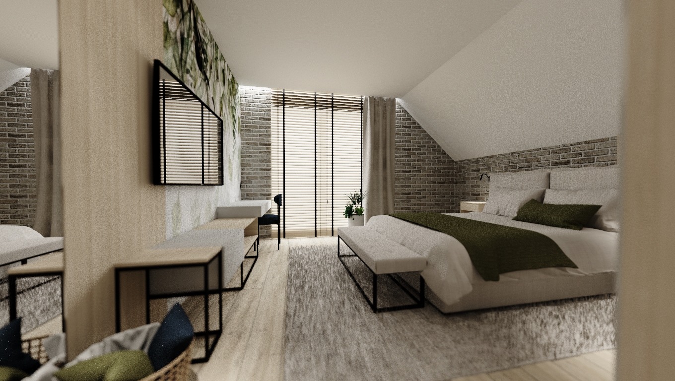 Nowoczesna sypialnia w odcieniach szarości i beżu z ceglaną ścianą, zasłoniętymi żaluzjami okiennymi, rośliną w doniczce na parapecie i dekoracyjnym panelem ściennym z motywem roślinnym.