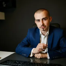 Portret mężczyzny w niebieskiej marynarce siedzącego za biurkiem z komputerem, trzymającego okulary w dłoni, na tle ciemnoszarej ściany z półką na książki.