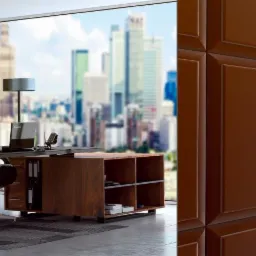 Nowoczesne biuro z czekoladowymi panelami ściennymi, biurkiem z laptopem i widokiem na miasto za oknem.