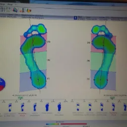 Ekran komputera z analizą rozkładu nacisku stóp na podłoże, prezentujący kolorowe mapy obciążenia i dane statystyczne dotyczące podbicia oraz typologii stopy.