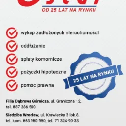 Grafika reklamowa Grupy Finansowej Oscar z wyliczeniem usług: wykup zadłużonych nieruchomości, oddłużanie, spłaty komornicze, pożyczki hipoteczne, pomoc prawna, oraz adresem filii i siedziby.