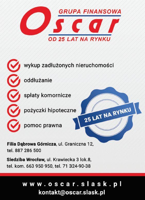 Grafika reklamowa Grupy Finansowej Oscar z wyliczeniem usług: wykup zadłużonych nieruchomości, oddłużanie, spłaty komornicze, pożyczki hipoteczne, pomoc prawna, oraz adresem filii i siedziby.