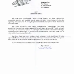 Skan listu referencyjnego dla Pana Piotra Wenty, właściciela serwisu nongov.net, potwierdzający jego doświadczenie w dziedzinie technologii informatycznych i instalacji skryptów.