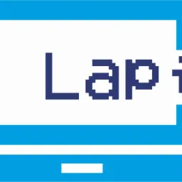 Niebieskie logo firmy Lapik w kształcie laptopa, z pikselową czcionką, na białym tle. Prosty, nowoczesny design.