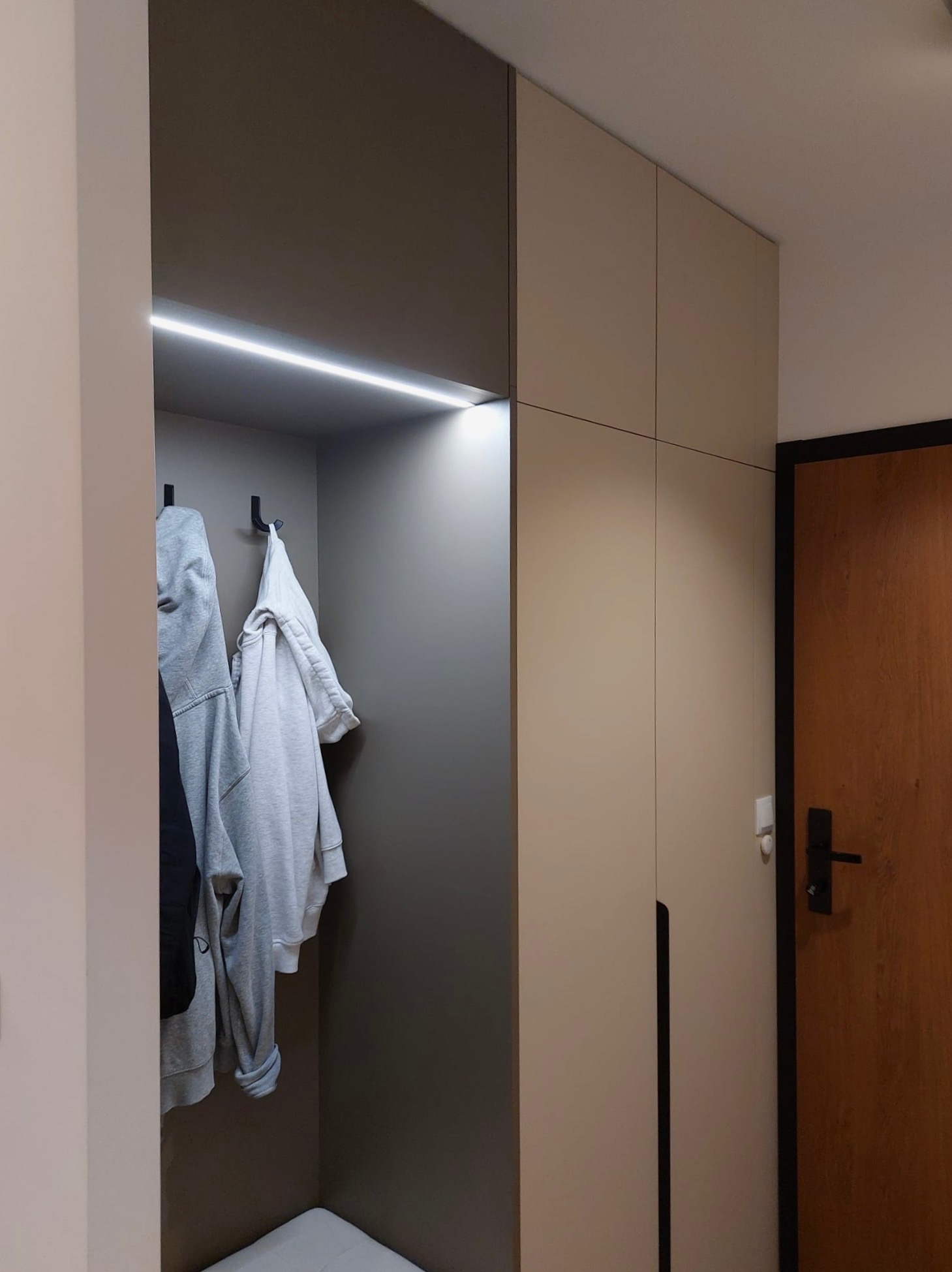 Nowoczesna szafa wnękowa z oświetleniem LED i wieszakami na ubrania. Minimalistyczny design, jasne kolory, widoczna część drzwi wejściowych.