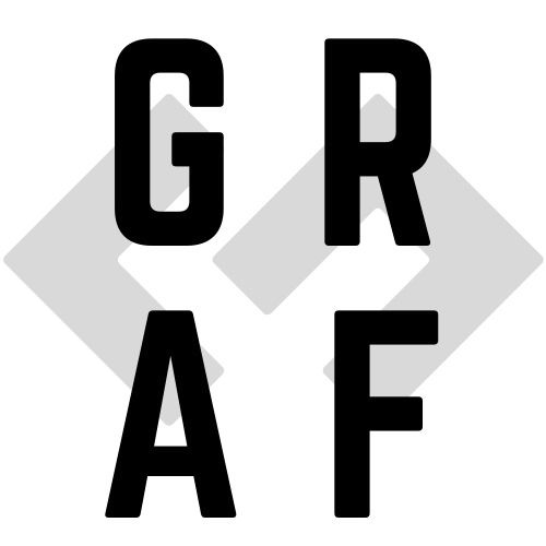 Czarno-białe logo firmy GRAF z szarym cieniem rzucanym przez litery.