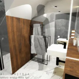 Wizualizacja łazienki z kabiną prysznicową w szaro-białych marmurach, drewnianą ścianką, czarnym wieszakiem na ręczniki i umywalką na czarnym stelażu, odbicie w lustrze powiela widok.