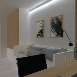 Wizualizacja pokoju z miejscem do spania i pracy: biała sofa z szarymi poduszkami, wiszący fotel hamakowy, drewniana szafa, półka z książkami, biurko z lampką i roślinne grafiki na ścianie.