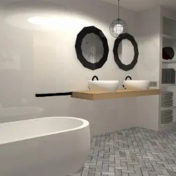 Wizualizacja nowoczesnej łazienki z wolnostojącą wanną, dwoma okrągłymi lustrami w czarnych ramach, białymi umywalkami nablatowymi na drewnianym blacie i szarą podłogą w jodełkę.