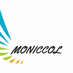 Logo firmy Moniccol z abstrakcyjnym symbolem skrzydeł w kolorach niebieskim, zielonym i pomarańczowym, czarny napis kursywą.