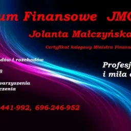 Ogłoszenie Centrum Finansowego JMC z listą usług: księga przychodów i rozchodów, ryczałt, rozliczenia ZUS, kadry i płace, fundacje i stowarzyszenia, VAT i inne rozliczenia. Zawiera certyfikat...