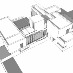 Architektoniczny szkic koncepcyjny nowoczesnego, wielokubaturowego domu z płaskim dachem, balkonem i dużymi przeszkleniami, widziany z lotu ptaka.