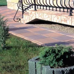 Ułożona nawierzchnia z kostki w szachownicę prowadząca do schodów z kutą balustradą, obsadzona zielenią i roślinami w betonowych donicach.